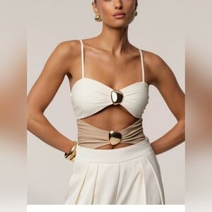 Jluxlabel Ivory Tan Aura Embellished Bodysuit‎ Size S